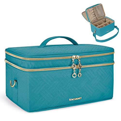 Large Makeup Bag, BAGSMART Double Layer Cosmetic Makeup Organizer Travel Makeup Train Case with Shoulder Strap for Cosmetics Makeup Brushes Toiletries Travel Accessoriesï¼ŒUpgraded (Teal)