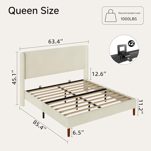 Queen Bed Frame, Boucle Upholstered Platform Bed with Iron & Wood, Beige - image 2