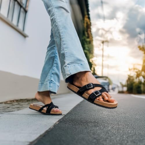 Image of Indifeet Daily Use Stylish Buckle Casual Cork Sandals for Women | Comfortable Arch Support Slippers with Adjustable Double Straps, Daily Use Flats, Light Weight Slides, Office, Outdoors, Home