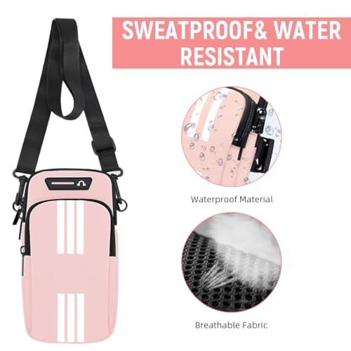 Image of Proberos Running Armband Phone Pouch for 7'' Smartphones, Waterproof, PU Double Layer Zip Bag, Adjustable Arm Band with Reflective Strip & Earphone Hole, Phone Holder for Men Women, Pink