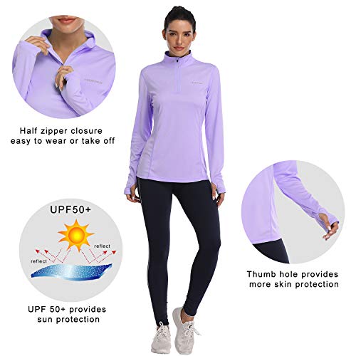 HISKYWIN Womens UPF 50+ Sun Protection Tops Long Sleeve Half-Zip Thumb Hole Outdoor Performance Workout Shirt HF806 Light Purple L