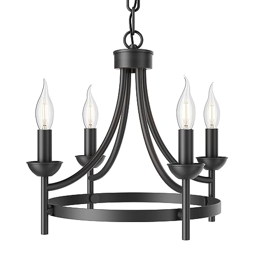 SEOL-Light 4-Light Wagon Wheel Chandelier Matt Black Round Candle Ceiling Light Fixture Small for Dining Room,Living Room,Dimmable,Brushed Finish,E12,160W,16