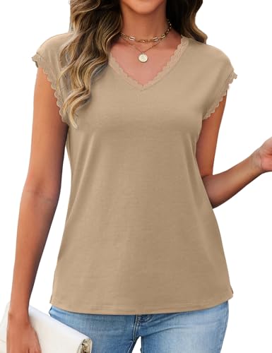 JUSTFASHIONNOW Cap Sleeve Tops V Neck Tshirts Shirts for Women Business Dressy Casual Blouses Summer Beach Vacation Clothes(Khaki,XX-Large) — view 5