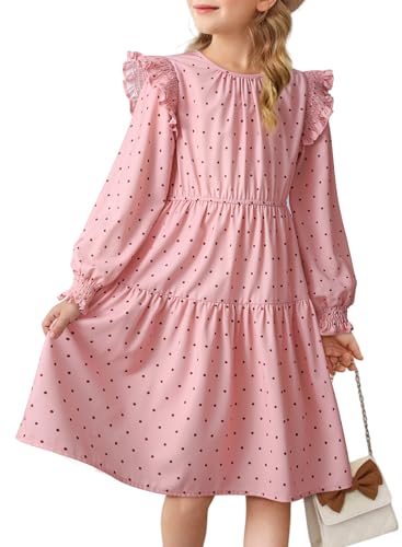 Girls Vintage Puff Long Sleeve Ruffle Dresses with Two Side Pockets for 6-13 Years, Fall/Spring/Summer