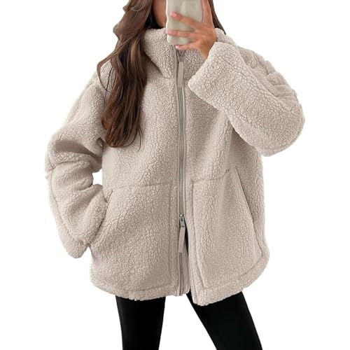 Generisch Teddyjacke Damen Warme Teddyfleece Jacke Einfarbig Fleecejacke...