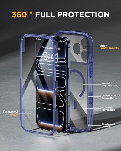 Image of Miracase for iPhone 17 Pro Max Case 6.9 inch Full-Body Phone Case with Built-in Glass Screen Protector& Full Camera Protector,[Magnetic with MagSafe] Drop Proof 17 ProMax Cover, Clear Blue