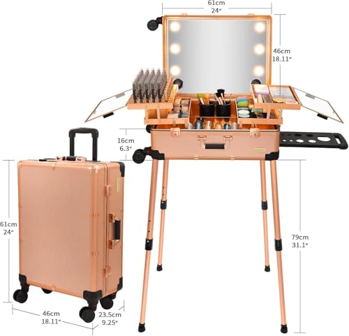 Image of Adson Rolling Makeup Trolley Makeup Box Case Train Vanity Case Storage Hairdressing Organiser for Salon, Artist Aluminum Cosmetic Storage Organizer with Light and Mirror (Rose Gold)