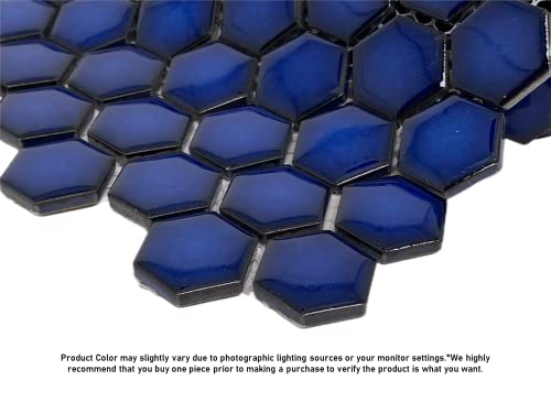 Hexagon Cobalt Blue Porcelain Mosaic Tile Glossy Look 1'' Inch ( Box Of 10 Sheets), Floor And Wall Tile, Backsplash Tile, Bathroom Tile On Mesh For Easy Installation #TOP6