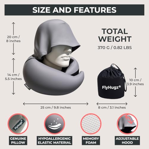 Image of FlyHugz 2.0 Hooded Travel Pillow - 2026 Original Release - Memory Foam Neck Pillow with Adjustable Hood & Premium Elastic Washable Cover - First Class Comfort for Flights, Road Trips & Sleep-Gray.