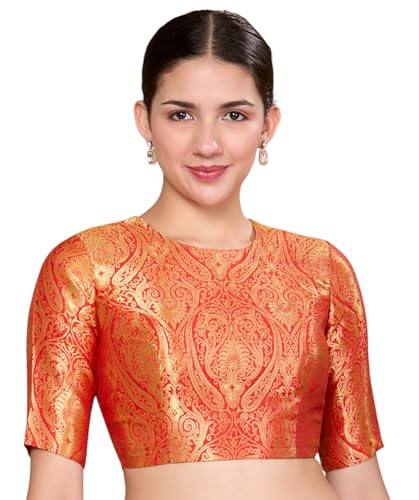 Image of Studio Shringaar Women Brocade Silky Jewel Neck Readymade Elbow Length Sleeve Saree Blouse