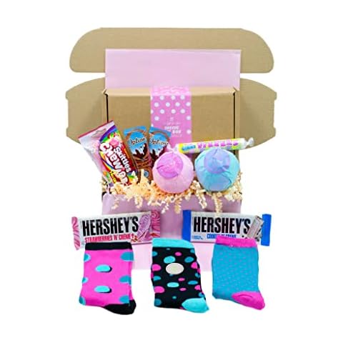 Gift Box Pamper and Treats Hamper with Shea Butter Jumbo Bath Bombs, Bamboo Socks, Hot Chocolate and Treats by Inside the Box Gifts (Pink Polka Dot) Cover