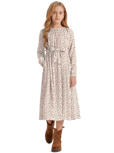 LaBeca Girls Casual Floral Printed Elastic Crew Neck High Waist Ruffle Sleeve Rayon Woven Midi Belted Dress with Pocket
