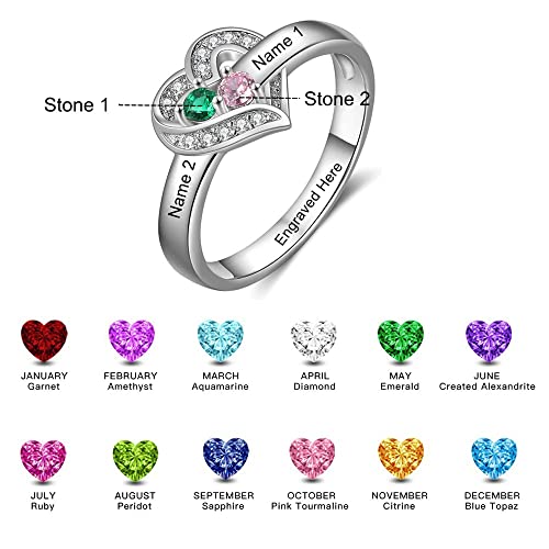 Personalized 2 Birthstones Rings Silver Heart Custom Engraved Name Ring Wedding Family Christmas Mother Days Birthday Anniversary Jewelry (2 stones)4