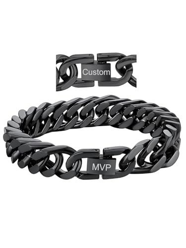 ChainsHouse Black Personalized Mens Bracelet 12mm 19cm with High Polished Custom Curb Wirst Chain