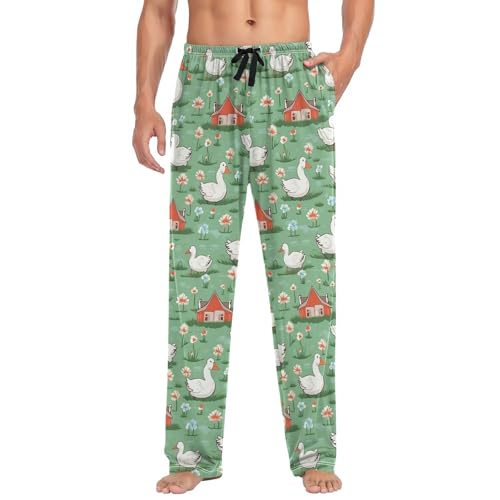 Men’s Cartoon Ducks Pajama Pants with Pockets, Comfortable Lounge Sleep Bottoms#753
