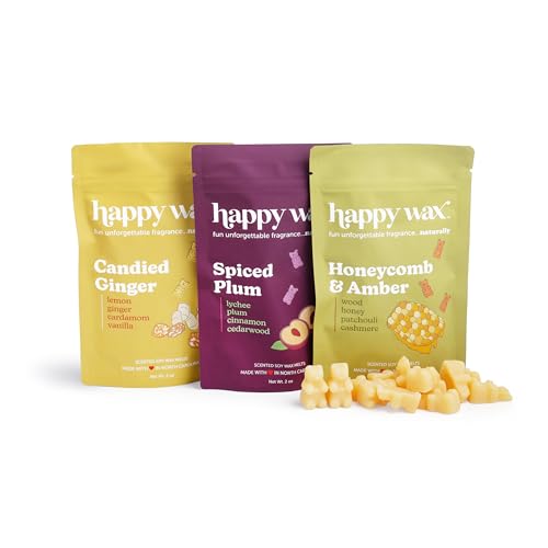 Image of Happy Wax Fall Treats Collection Scented Natural Soy Wax Melts - 6 Total Oz. Collection Includes Spiced Plum, Candied Ginger and Honeycomb & Amber