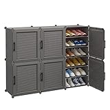 MAGINELS Portable Shoe Rack, 36-Pair DIY Shoe Storage Shelf Organizer, Plastic Shoe Organizer for Entryway, Shoe Cabinet with Doors, Grey