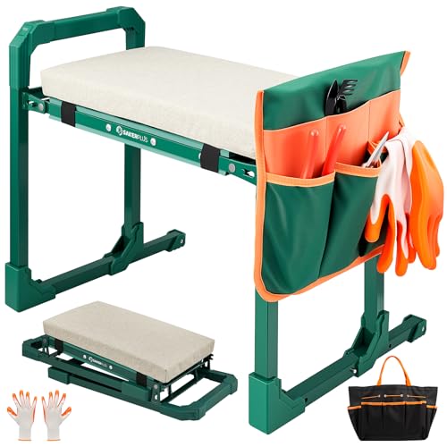 SakerPlus Garden Kneeler and Seat Foldable Kneeling Chair with Extendable Legs & Thickened Pad,Heavy Duty Foldable Gardener Stool with Tool/Storage Bags for Grandparents Gardeners