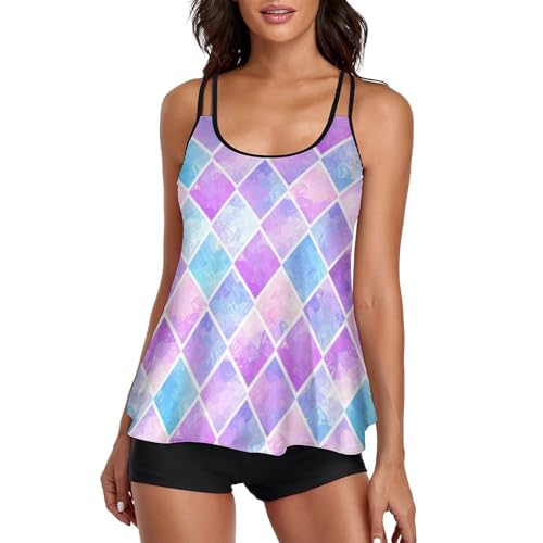 Maillot de bain tankini losange rose femme avec robe de plage et short de garçon
