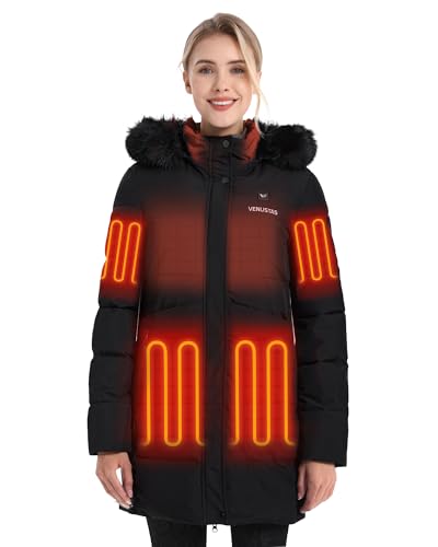 Venustas Womens Long Heated Parka Jacket 6 Heating Zones Detachable Faux Fur Hood Water-repellent Winter Coat