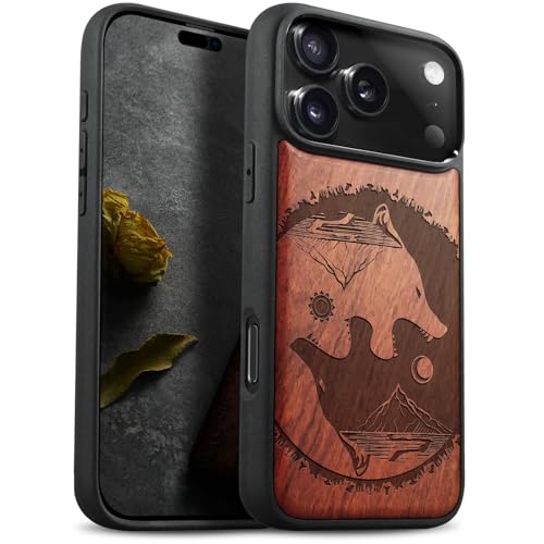 Carveit iPhone 17 Pro Max ケース 木製 【天然木+TPUシリコンツーインワ】磁気内蔵・Magsafe 対応 滑り止め 指紋防止 アイフォン17 Pro Max ケース 耐衝撃 レーザーアート彫刻 (バラ色-日本のオオカミ陰陽スタイ