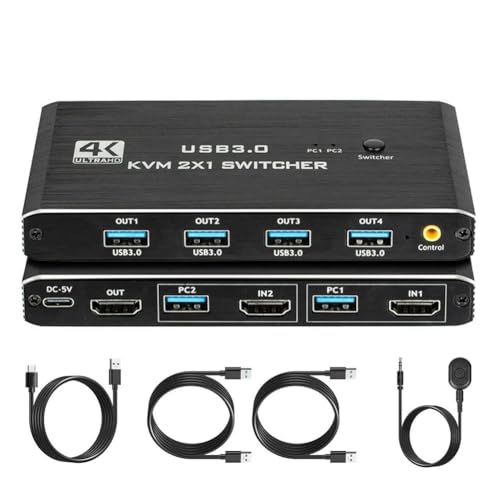 Image of UDSKNV[KSL USB 3.0 KVM Switch with Remote for 2 Computers Share 1 -Compatible Monitor and Keybord/Mouse/Printer