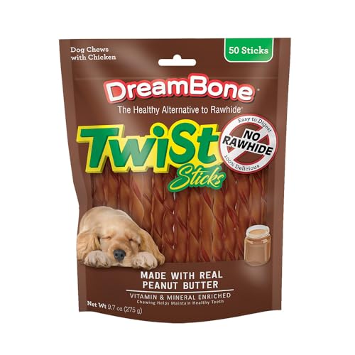 DreamBone Twist Sticks Chews for Dogs, 50 Count, Treat Your Dog to Easy-to-Digest Rawhide-Free Chews Made with Real Peanut Butter and Chicken