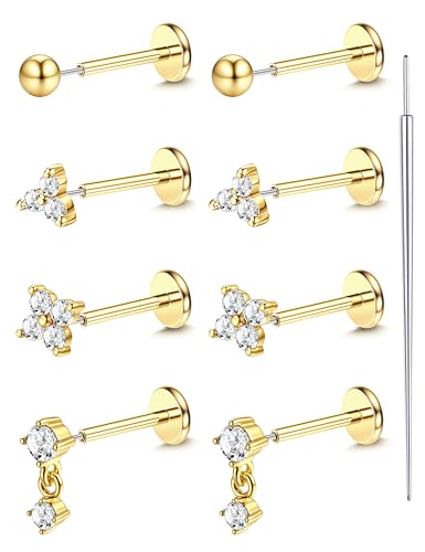 18K Gold Plated Threadless Flat Back Earrings Studs 316L Surgical Steel Push in Nose Studs Rings 20G 18G 16G CZ Tragus Cartilage Helix Conch Lip Labret Medusa Nostril Piercing Jewelry Hypoallergenic - Main Image