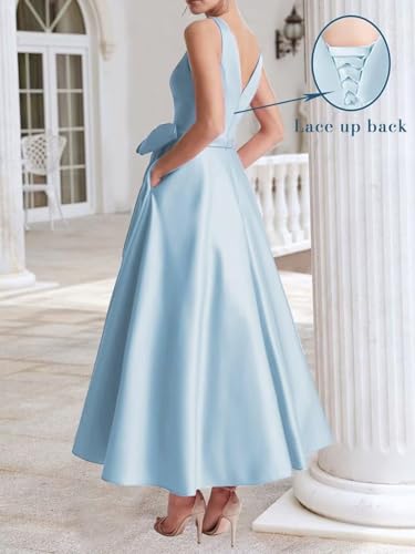 UZN Tea Length Mother of The Bride Dresses 2025 Satin with Bow Formal Wedding Guest Gown with Pockets2