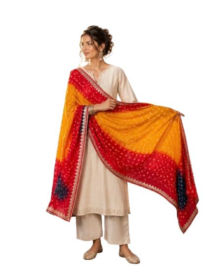Bandhani Dupatta for Women Multicolor Art Silk Bandhej Dupatta with Golden Border Traditional Ethnic Dupatta for Kurti, Salwar Suit & Dress 2.25 Meter Lightweight-image-32
