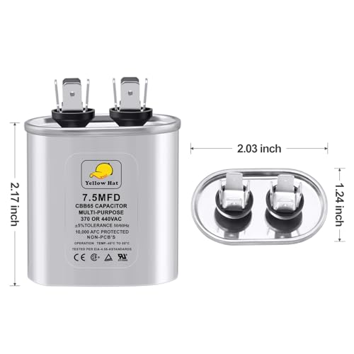 Capacitor for Air Conditioner 7.5 uf MFD 370 or 440 Volt VAC, CBB65 Multi-Purpose Oval Capacitor for AC Motor Run or Fan Motor Start or Condenser Straight