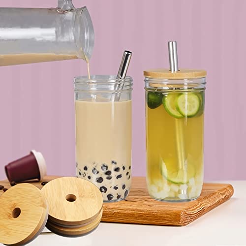 [4 Pack] Glass Cups Set 24 Oz Wide Mouth Mason Jar Cups Drinking Glasses With Bamboo Lids And Silver Straws,Reusable Boba Cup Bubble Tea Cups Glass Tumbler For Iced Coffee,Smoothie,Large Pearl,Juice #TOP1