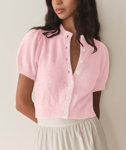 Image of Womens Puff Short Sleeve Cardigan Sweaters Cropped Button up Lightweight Y2k Knit Summer Cardigans