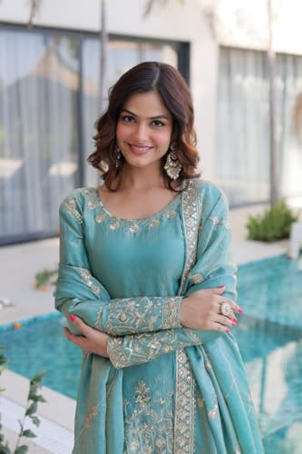 Image of Women's Embroidered Kurta Sharara Set with Dupatta | Designer Indian Ethnic Suit | Festive, Wedding, Engagement & Party Outfit for Women