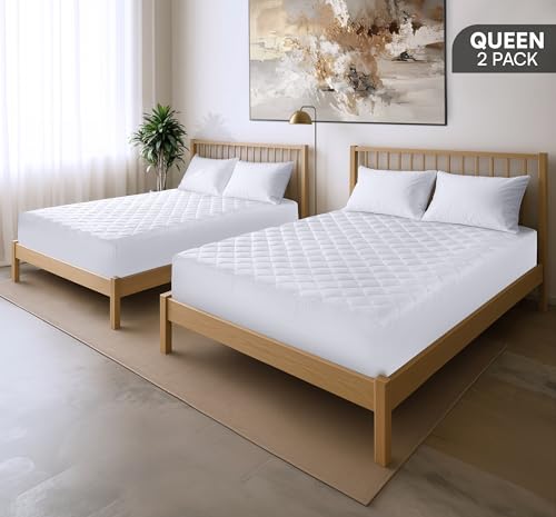 Image of Utopia Bedding 2 Pack Quilted Fitted Mattress Pad, Queen Size, Elastic Fitted Mattress Topper Protector and Cover with Deep Pocket Stretches up to 16 Inches, Machine Washable (White)