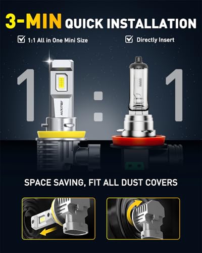 Image of AUXITO H11 LED Bulb H8 H9 H16 80000LM 6500K Cool White, EMC Protection, Plug-N-Play, Real 1:1 Halogen Size Fog Lights, Pack of 2