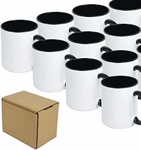 Set of 24 11oz Sublimation Blank Mugs Two Tone With Black Inside Handle, With Brown Mail Order Box
