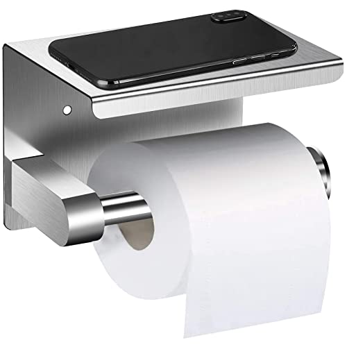 iRenXiao Porte Papier Toilette, Dérouleur Papier Toilette Mural sans Percage Support Papier WC en Acier Inoxydable 304 Distributeur Papier avec Tablette pour Salle de Bain, Argent