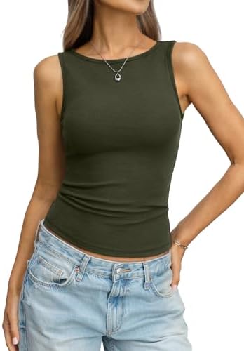 Women Cotton Ribbed Tank High Neck Sleeveless Shirts Basic Summer...