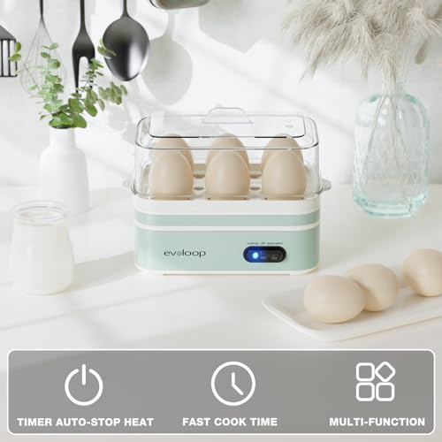 Image of Evoloop Rapid Egg Cooker Electric 6 Eggs Capacity, Soft, Medium, Hard Boiled, Poacher, Omelet Maker Egg Poacher With Auto Shut-Off, BPA Free (Retro Green)