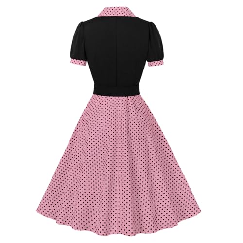 Image of ODIZLI Women's 1950s Retro Dress Short Sleeve Notched Lapel Polka Dot Stripe Swing Dress with Belt Cocktail Dress