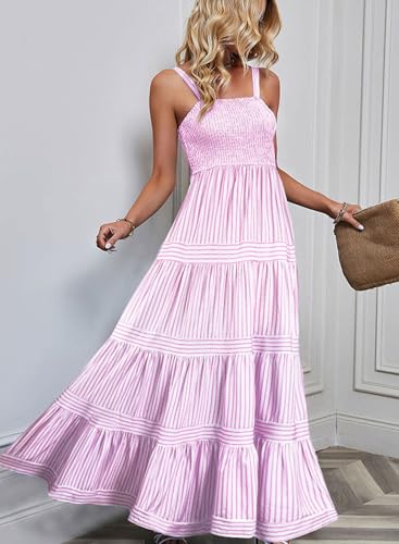 Image of Maxi Dresses for Women 2025 Summer Pink Striped Long Sundresses Casual Flowy Sexy Spaghetti Strap Smocked Sleeveless Empire Waist Beach Vacation Trendy Sun Dress