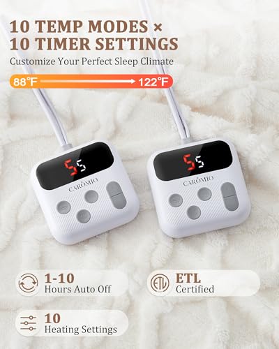 CAROMIO Electric Blanket Queen Size Dual Control - Thick Tufted Sherpa Heated Blanket Queen with 10 Heating Levels and 10 Time Settings, ETL Certified Fast Heating Blanket Queen Size 84"×90", White