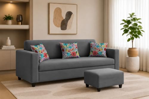 Image of Rosebell 3 Seater Sofa with Ottoman | Living Room Couch | with Printed Cushions | Sofa for Home, Apartment & Office-Grey Color