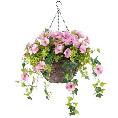 CHRISTOW Artificial Petunia Hanging Basket – Ready to Hang Wicker Garden Planter with Pink Flowers, Gypsophila & Ivy, UV-Resistant PE Leaves, Pre-Fitted Triple Steel Chain, 30cm Basket Diameter