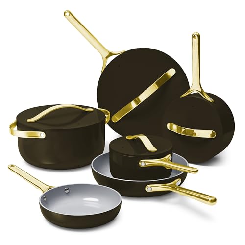 Caraway Deluxe Nonstick Ceramic Cookware Set (16 Piece) Pots, Frying Pans, Lids and Kitchen Storage - PFAS & PFOA Free - Oven Safe Ceramic Pan Set & Compatible with All Stovetops - Black