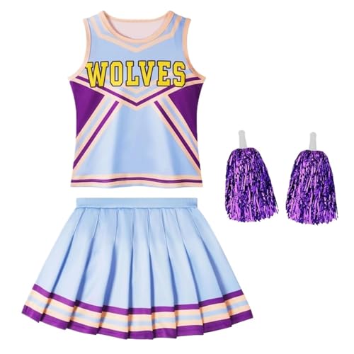 WENYAZIGUO Costume de pom-pom girl, Ensemble uniforme de pom-pom girl for enfants, 4 pièces, col rond, imprimé multicolore, tailles 100 à 140(Blue,120)