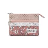 AfitLulu Kleines Portemonnaie Damen Canvas Geldbeutel Damen Klein, 2 Lagen Reißverschlusstaschen Mini Geldbörse Bohème-Stil Mini Portemonnaie für Münzen, Bargeld und Karten (Blume-Rosa)