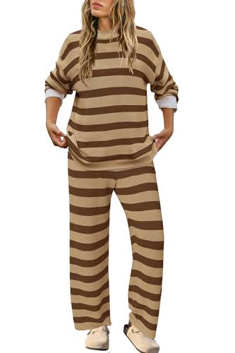 Image of SENSERISE Womens Striped Set Sweater Lounge Sets | Pajamas Set, Loungewear Set, Oversized Knit Sweater, Wide Leg Pants with Pockets, Fall Outfits, Pants Set