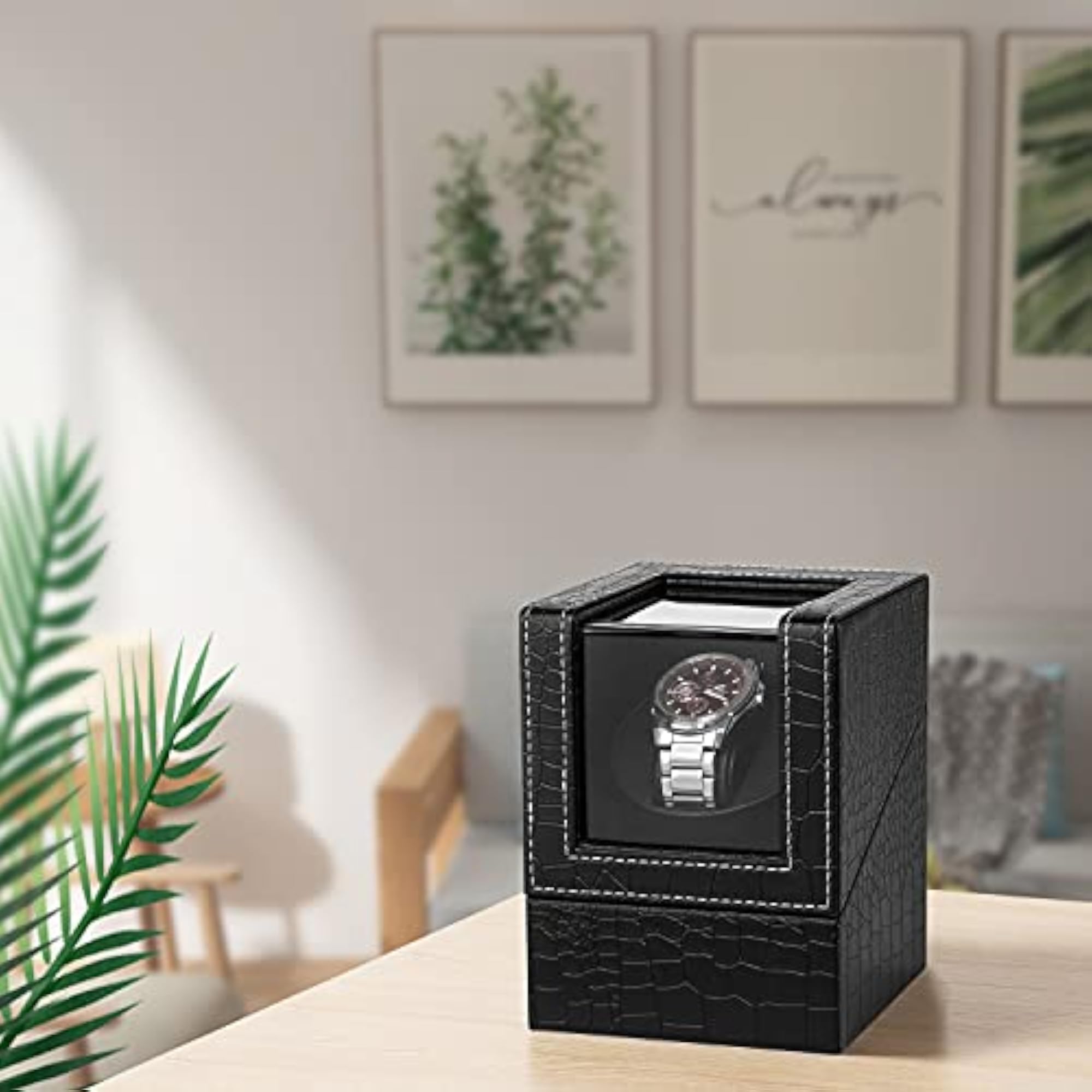 Automatic Single Watch Winder with Black Crocodile Pattern Leather